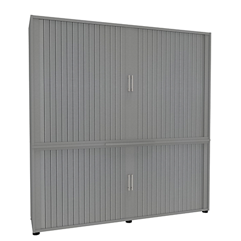 Grey, two-story metal cabinet with ribbed doors and vertical handles.