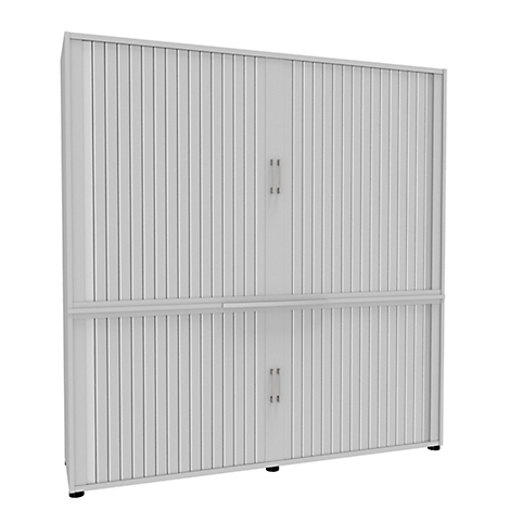 A white, two-part cabinet system with vertical grooves and two door handles per compartment.