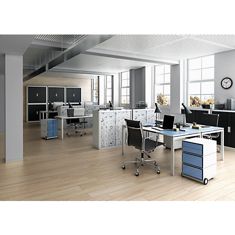 Office with desks, chairs, cabinets, and windows.