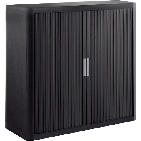 Black cabinet with ribbed tambour doors. Two silver handles. Rounded corners.