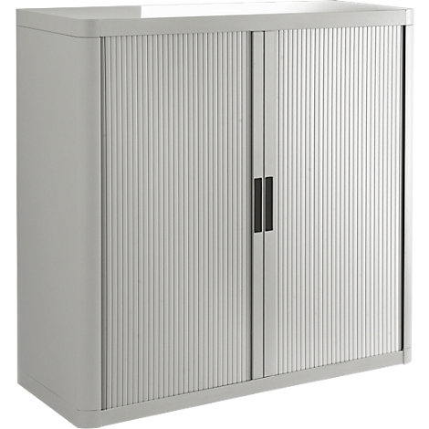 Grey cabinet with slatted doors and black handles.