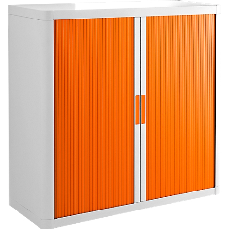 Cabinet with a white body and orange roller shutter doors. The doors are vertically ribbed and have two narrow, white handles.