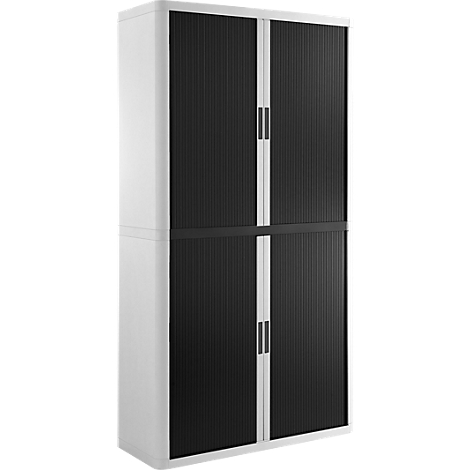 Cabinet with black slat doors and white side panels. Two doors, each with a handle. A black band stabilizes the middle.