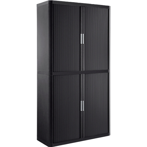Black cabinet with slatted doors and silver handles. Four doors, vertical slats.