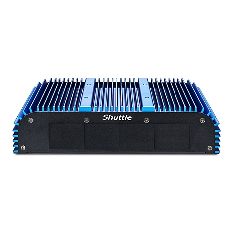 Schwarzes elektronisches Gerät mit blauem Kühlkörper, Shuttle-Logo.