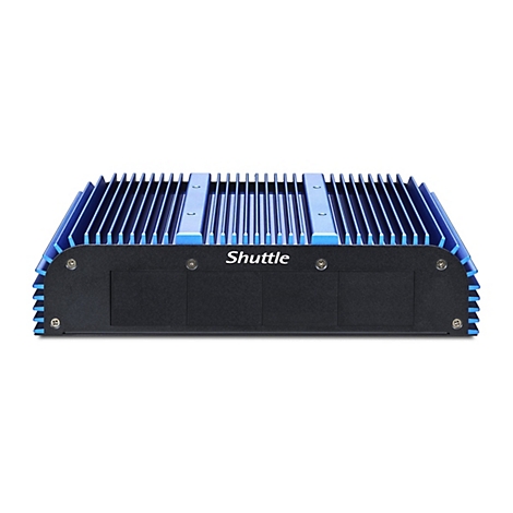 Ein schwarzer Computer mit blau geriffelter Oberseite. Der Schriftzug Shuttle ist auf der Vorderseite zu sehen.