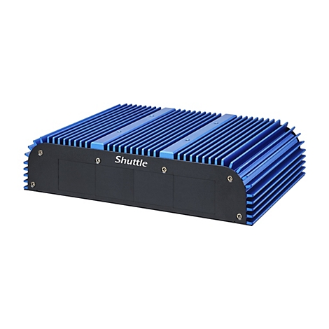 Ein rechteckiges, blaues Gerät mit Kühlrippen. Auf der Vorderseite steht der Schriftzug "Shuttle". Das Gerät ist auf einem weißen Hintergrund abgebildet.