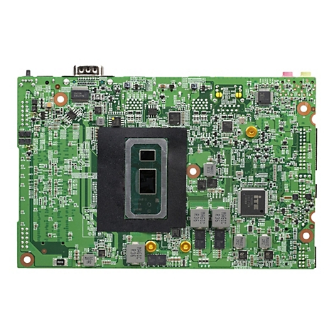 Grüne Leiterplatte mit elektronischen Bauteilen. Auf der Platine sind verschiedene Chips, Widerstände und Anschlüsse zu sehen.