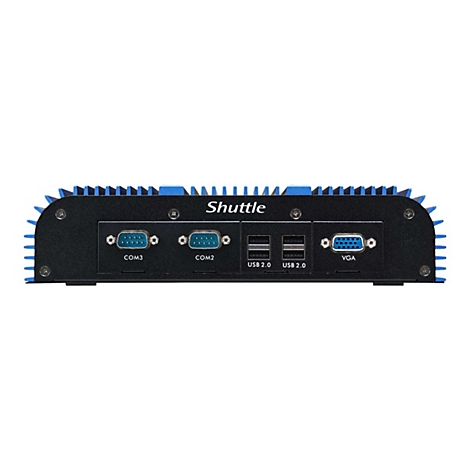Schwarzer Computer, blau abgesetzt, mit Anschlüssen für USB, COM und VGA. Oben steht 'Shuttle'.