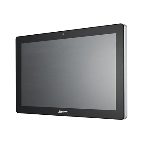 Ein schwarzes Tablet mit grossem, hellem Bildschirm. Oben mittig ist eine Kamera integriert. Am unteren Rand ist "Shuttle" in weisser Schrift zu sehen.