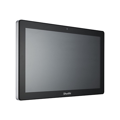 Ein rechteckiger, schwarzer Tablet-Bildschirm mit silbernem Rahmen. Oben mittig eine Kamera, unten der Schriftzug "Shuttle".