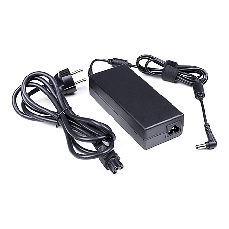 Schwarzes Laptop-Netzteil mit Kabeln und Stecker auf weiÃŸem Hintergrund.