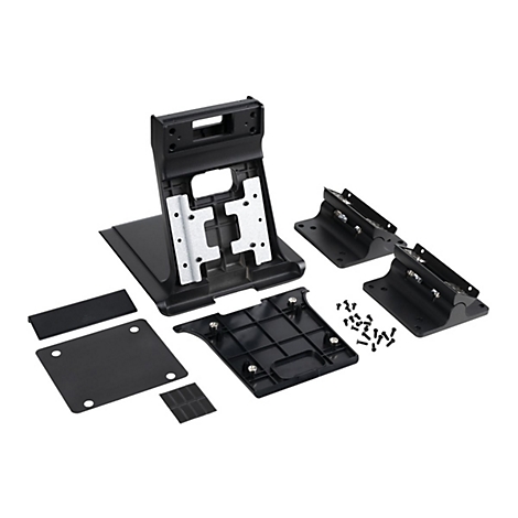 Schwarz zerlegte Halterung für elektronische Geräte mit Schrauben und Einzelteilen auf weißem Hintergrund.