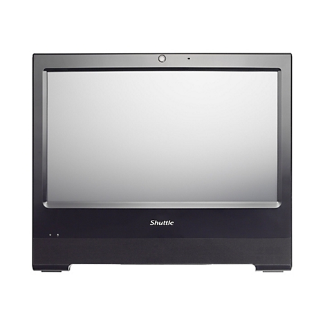 Ein schwarzer All-in-One-Computer von Shuttle mit einem großen Bildschirm. Oben befinden sich eine Kamera und ein Mikrofon. Unten steht der Schriftzug "Shuttle".