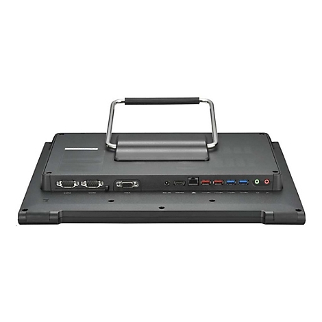 Rückseite eines schwarzen Touchscreens. Oben ein Griff. Unten Anschlüsse: COM, VGA, HDMI, USB, Audio.