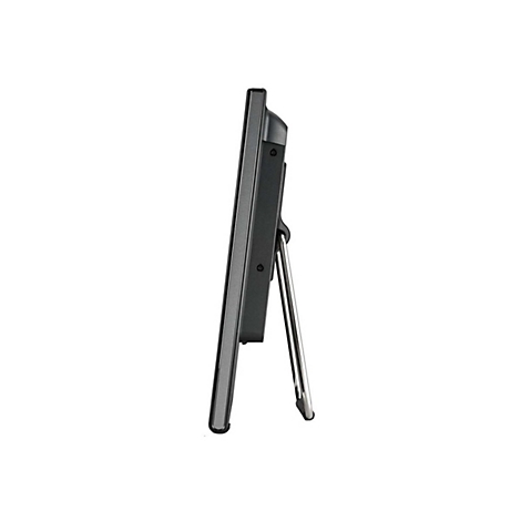 Ein schwarzes Tablet, seitlich betrachtet. Der silberne Ständer steht abgewinkelt.