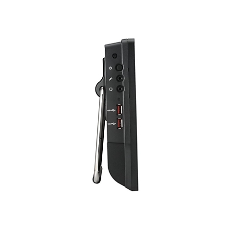 Schwarzes Gerät mit seitlichen Bedienelementen, USB-Anschlüssen und einem Ständer.