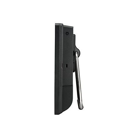 Schwarzes Tablet im Profil, mit ausklappbarem, silbernem Standfuß.