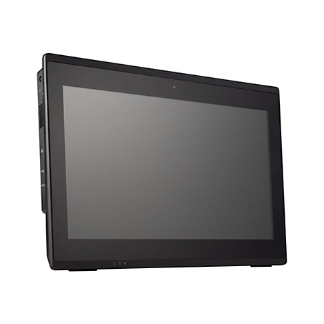 Ein schwarzes Touchscreen-Gerät, rechteckig, abgeschrägte Kanten, silberne Seitenknöpfe, unterer Rand mit Indikatoren.