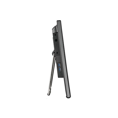 Seitenansicht eines schwarzen Tablets mit silberner Halterung. USB-Anschlüsse und Tasten sind deutlich zu sehen.