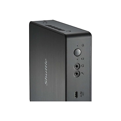 Mini-PC Shuttle noir. Le panneau avant comprend des ports, des boutons et le logo Shuttle.