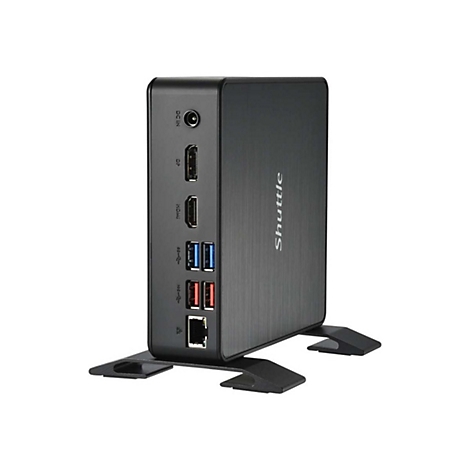 Mini PC noir avec ports sur support. Le logo Shuttle est visible.