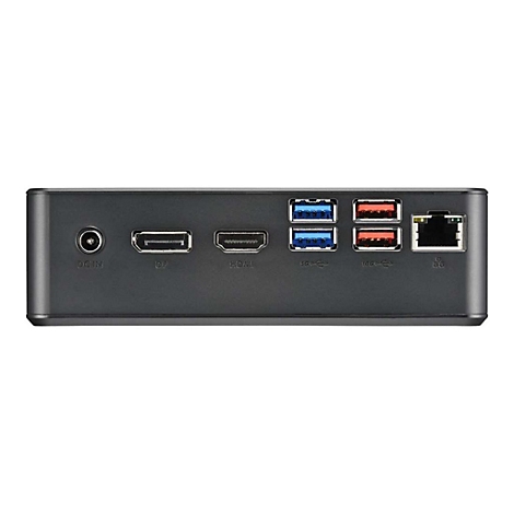 Panneau arriÃ¨re de mini-PC gris avec ports : alimentation, HDMI, LAN et USB.
