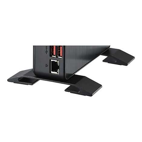 Support de PC noir avec appareil affichant des ports USB rouges et un port Ethernet.