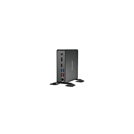 Schwarzer Mini-PC mit Anschlüssen, seitlich angebrachtem Shuttle-Logo, auf Stützen.