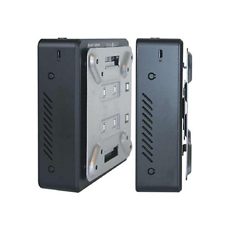 Zwei schwarze, rechteckige Geräte; eines im Profil, das andere von vorne gezeigt; beide mit Lüftungsschlitzen und Montageplatte.