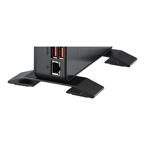 Detailaufnahme einer schwarzen Mini-PC-Rückseite mit Anschlüssen, auf einem schwarzen Ständer.