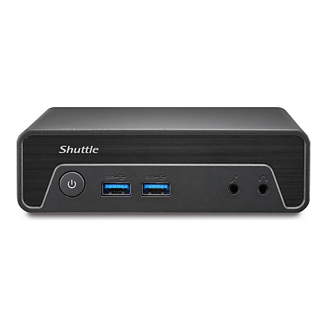 Schwarzer Shuttle-Mini-PC, Frontansicht. Mit USB-Anschlüssen, Audio-Eingängen und Ein-/Aus-Schalter.