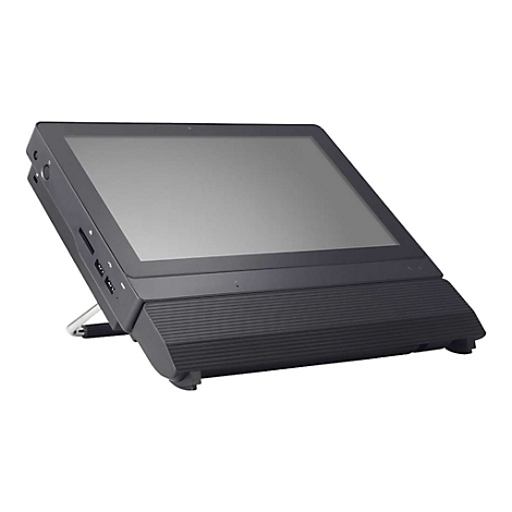 Schwarzes Tablet mit Touchscreen, aufstellbar, mit Anschlüssen, seitlich. Auf weißem Hintergrund.