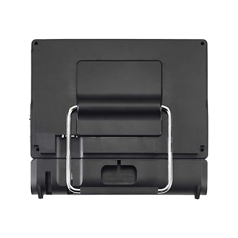 Rückseite eines schwarzen Bildschirms mit Metallbügel. Oben und unten sind zusätzliche Elemente zu sehen.