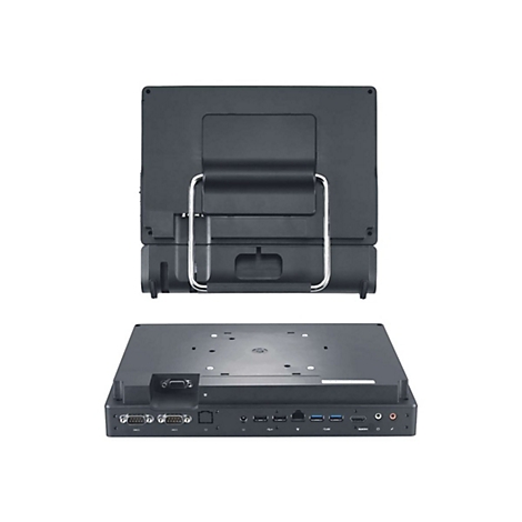 Dunkelgraues Terminal mit Rückseite und Unterteil. Rückseite mit Griff, Unterteil mit Anschlüssen.