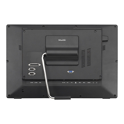 Rückseite eines schwarzen Shuttle-Monitors, mit Anschlüssen für Strom, USB, HDMI und weitere Schnittstellen.