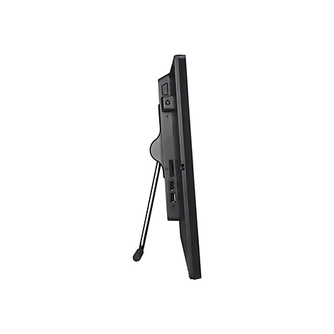 Schwarzer Bildschirm, seitliche Ansicht mit Ein-/Aus-Taste und Anschlüssen.