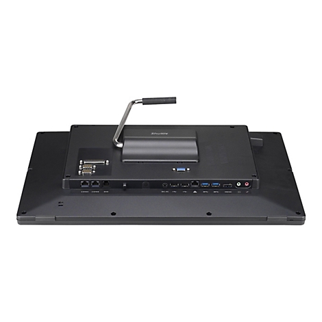 Rückseite eines schwarzen Shuttle-Monitors mit diversen Anschlüssen und einem Griff.