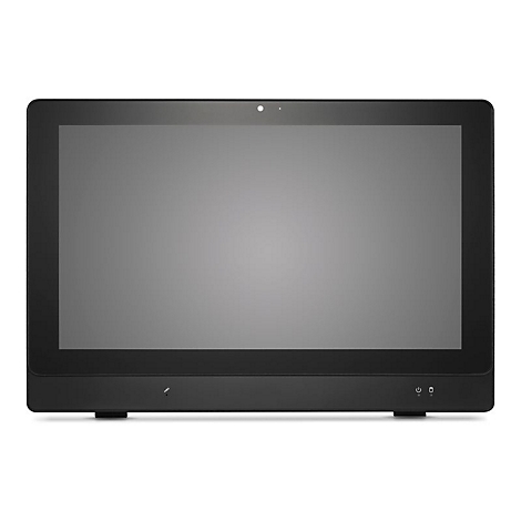 Schwarzer All-in-One-PC. Der Bildschirm ist grau, Kamera oben mittig, Ein- und Ausschalter unten rechts.