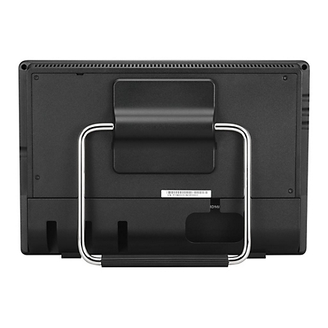Rückseite eines schwarzen Monitors mit Standfuß. Aufkleber mit Text und Anschlüsse.