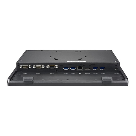 Schwarzer Touchscreen-Computer, Rückseite mit Anschlüssen, darunter COM, VGA, HDMI und USB.