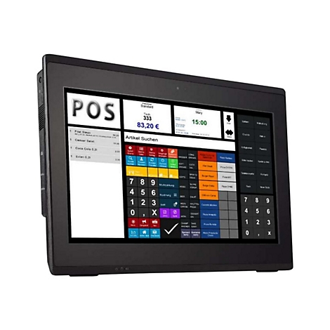 Schwarzes Touchscreen-Kassensystem mit Menü und Zahlenfeld.