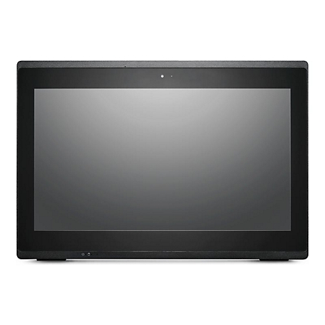 Ein schwarzes Tablet mit grossem Bildschirm, Kamera und Power-Taste.