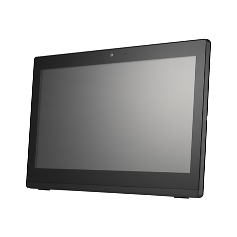 Schwarzer All-in-One-Computer, leicht von oben gesehen. Er hat einen breiten Rahmen und eine Kamera oben.