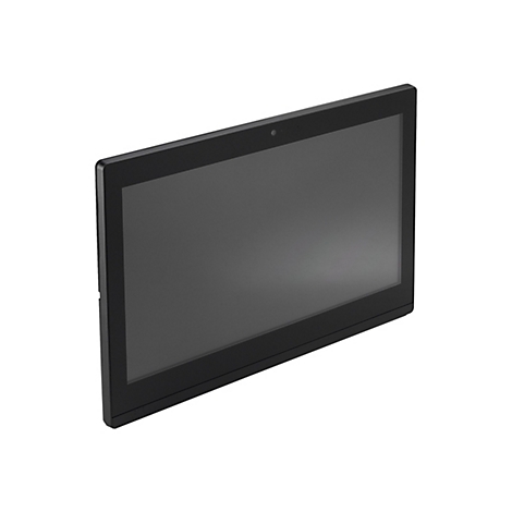 Ein schwarzes Tablet aus der Perspektive von oben, diagonal zur Kamera. Die Frontkamera ist oben mittig.