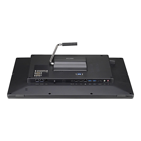 Rückseite eines schwarzen Shuttle-Computers. Sichtbar sind Anschlüsse wie USB, HDMI, Audio, LAN. Ein silberner Griff ist oben angebracht.