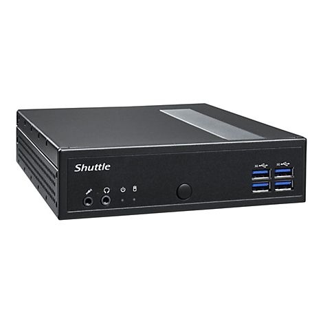 Schwarzer Shuttle-Mini-PC. Er hat Anschlüsse, USB und ein silbernes Band auf der Oberseite. Auf der Vorderseite steht "Shuttle".