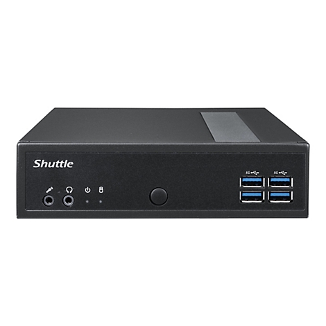 Schwarzer Shuttle-Mini-PC. Auf der Vorderseite: Logo, Audio- und USB-Anschlüsse. Auf der Rückseite: weitere USB-Anschlüsse.