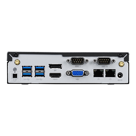Rückseite eines schwarzen Mini-Computers mit Anschlüssen, wie USB, HDMI, VGA, COM und LAN. Der Hintergrund ist weiß.