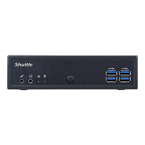 Schwarzer Mini-PC mit Shuttle-Schriftzug, USB-AnschlÃ¼ssen, Audio-AnschlÃ¼ssen und Power-Knopf.